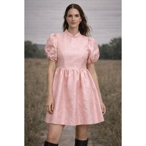 SISTER JANE Angelique Jacquard Mini Dress Medium Baby Pink Floral Babydoll